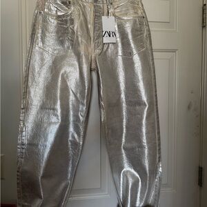 Zara Coated Silver Boyfriend Jeans Size FR44, US12